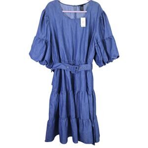 NWT Ashley Stewart Cotton Denim Chambray Dress Tiered Belted Plus 22/24 Midi